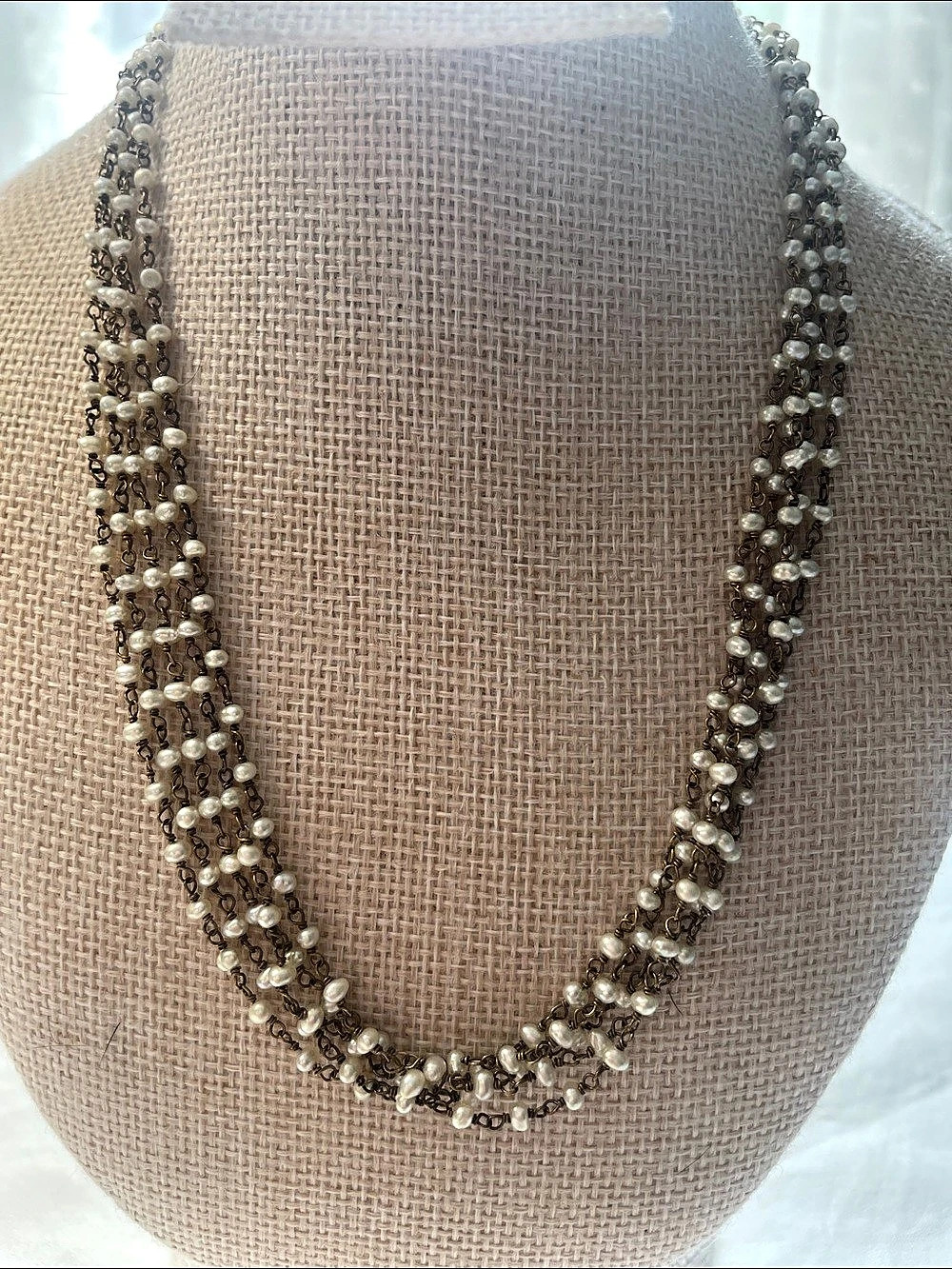 Multi-Strand Real Pearl Necklace in White & Gold 8”Drop 1” extender